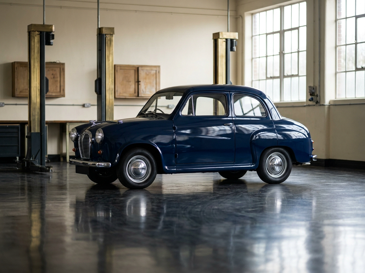 A British heritage city car silhouette in BMN Auto's workshop.