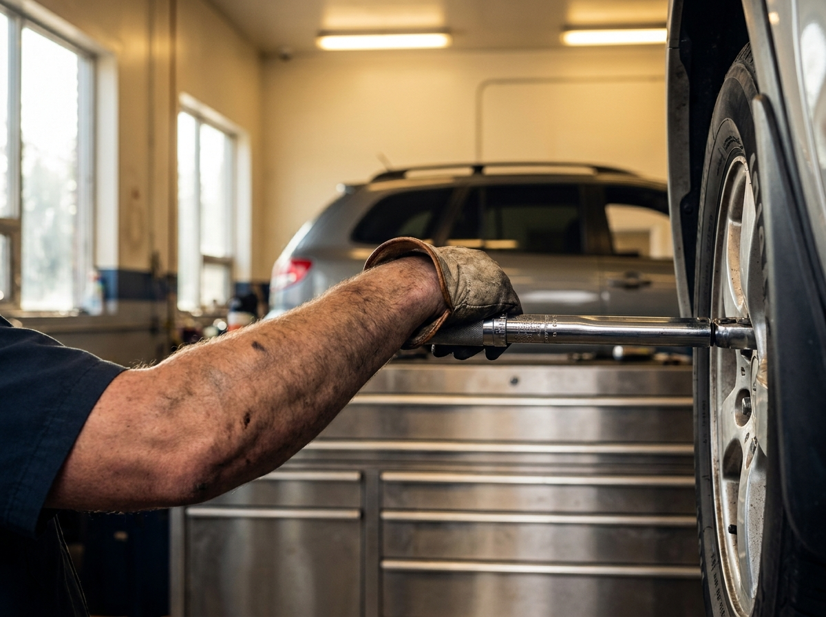 A mechanic tightening a wheel hub bolt with a torque wrench.