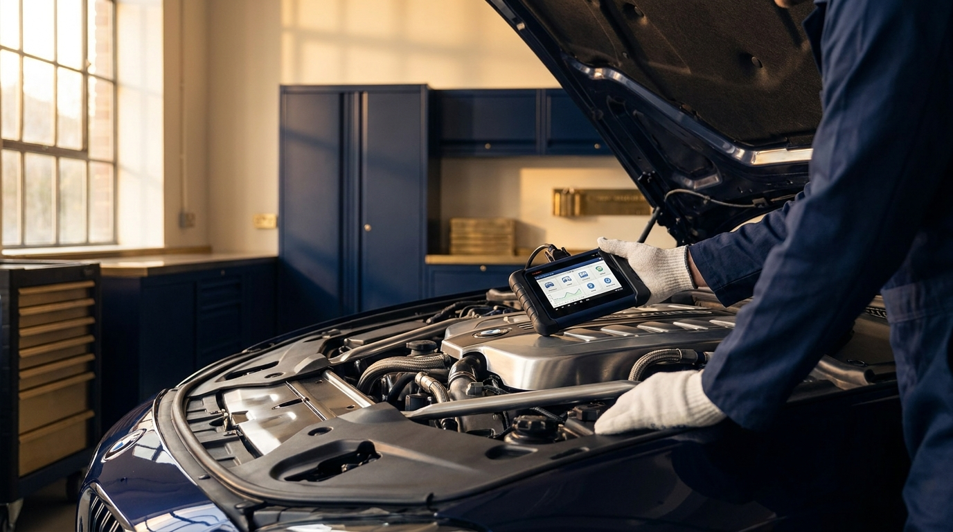 BMN Auto technician placing a diagnostic terminal onto a European saloon engine bay in the workshop.